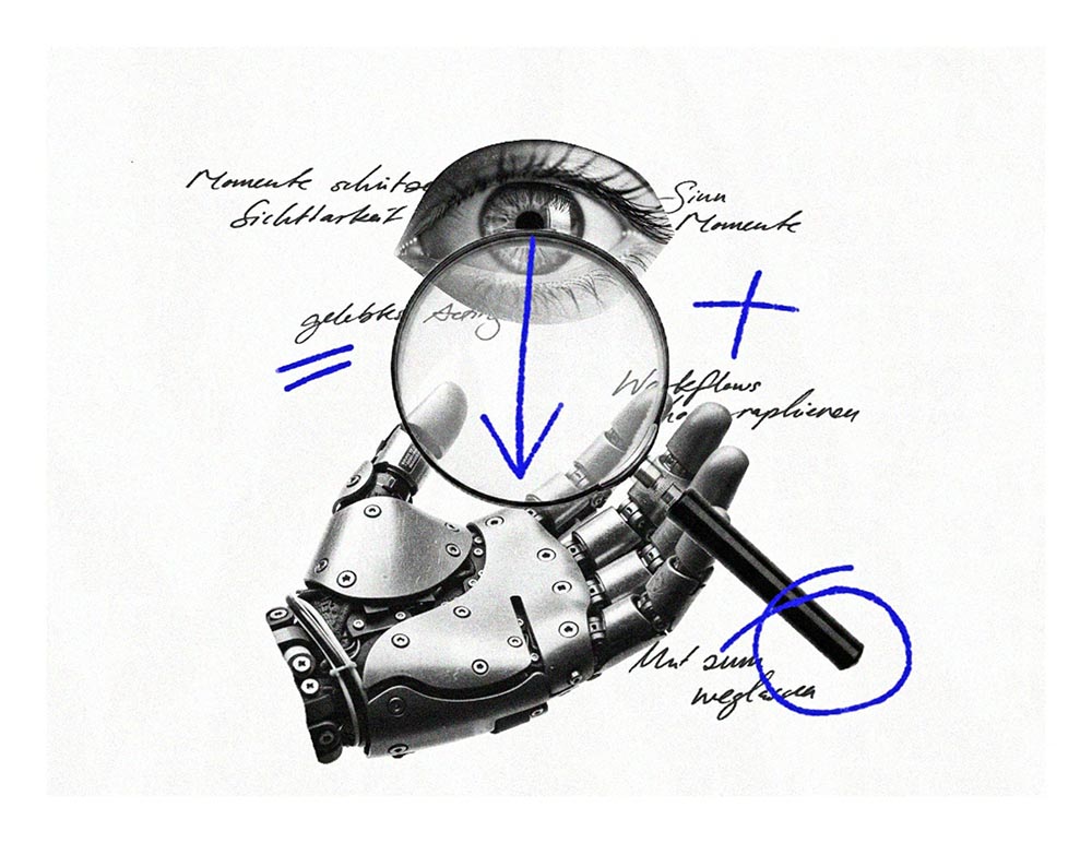 Collage: mechanische Hand mit Lupe und Auge, handschriftliche Notizen
