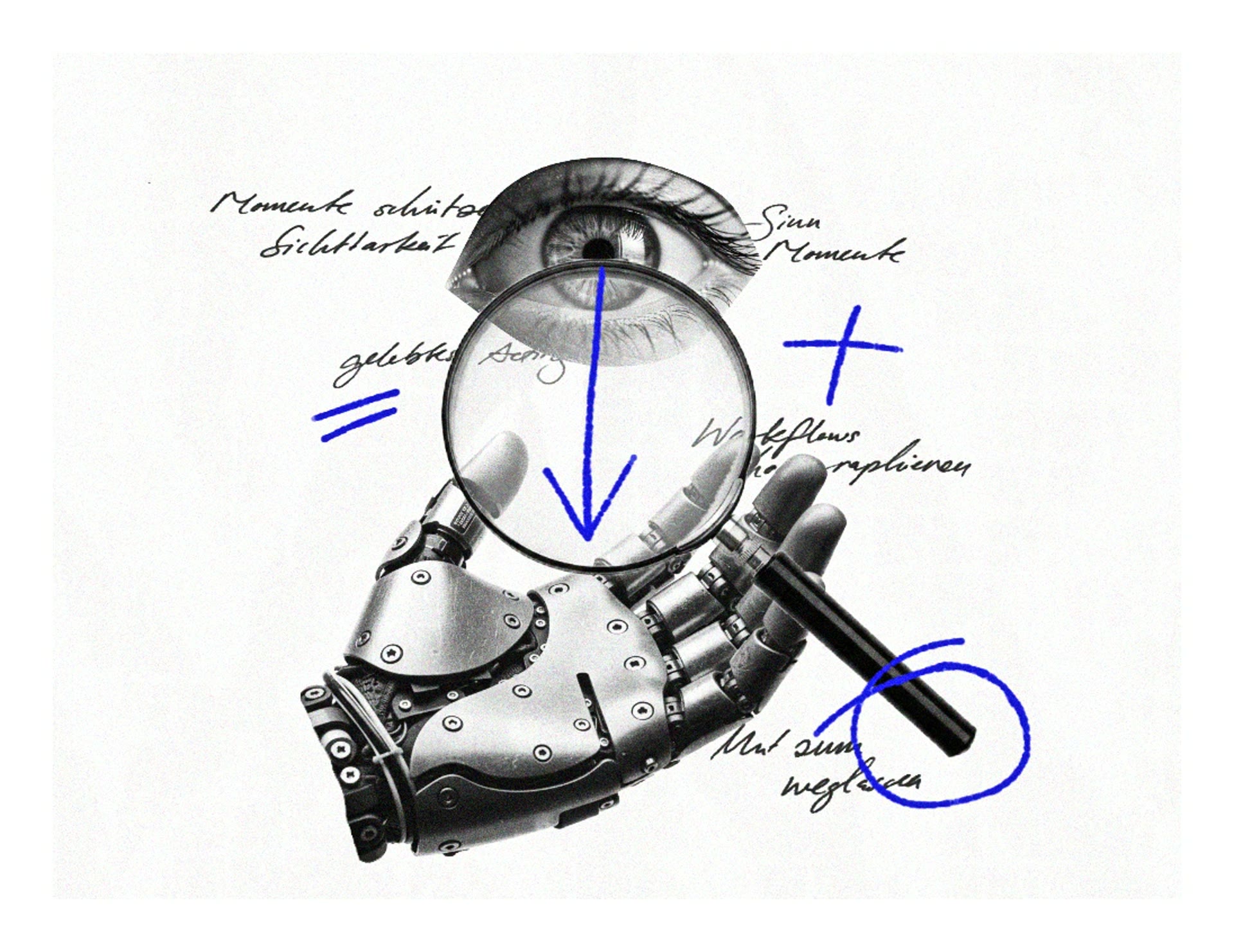 Collage: mechanische Hand mit Lupe und Auge, handschriftliche Notizen