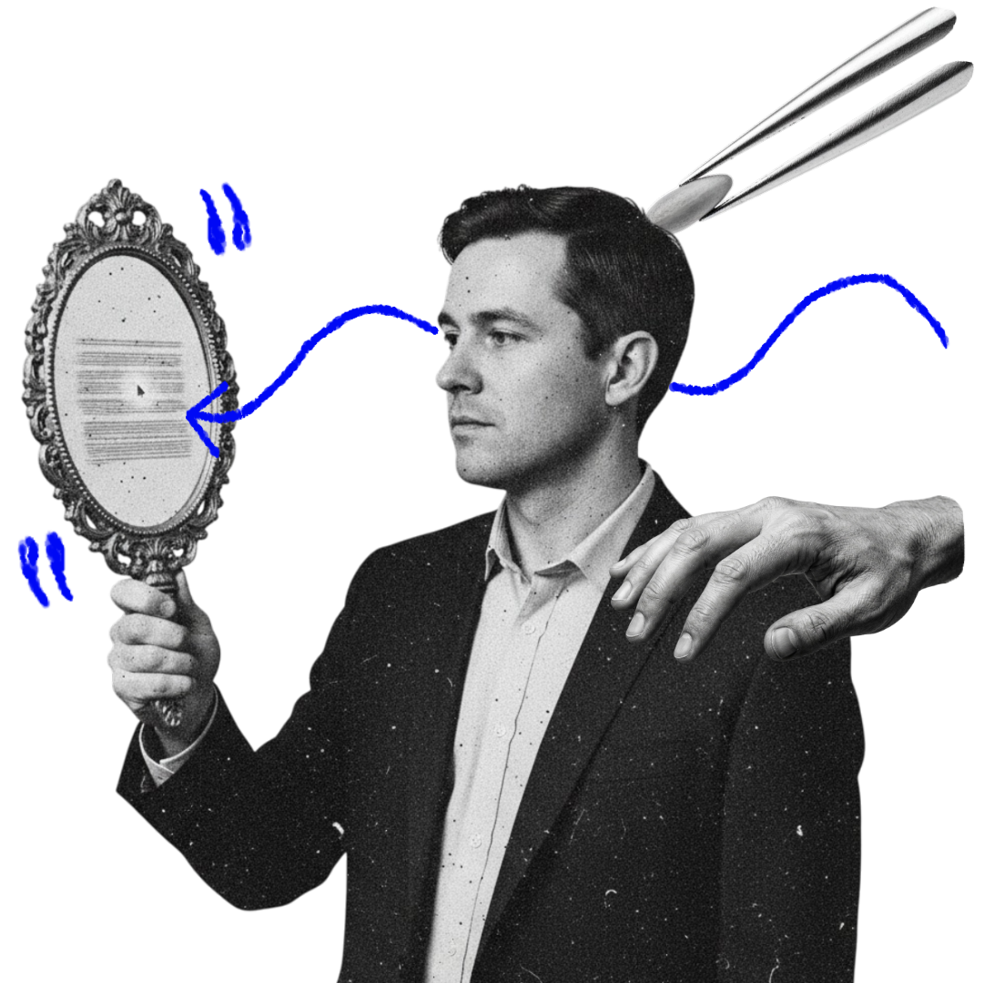 Freisteller-Collage: Person mit Handspiegel und blauen Marker-Linien – KI als Spiegel der Kultur