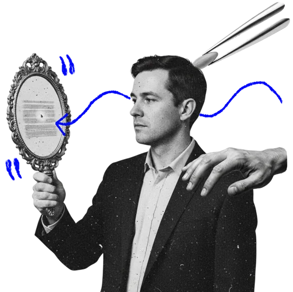 Freisteller-Collage: Person mit Handspiegel und blauen Marker-Linien – KI als Spiegel der Kultur