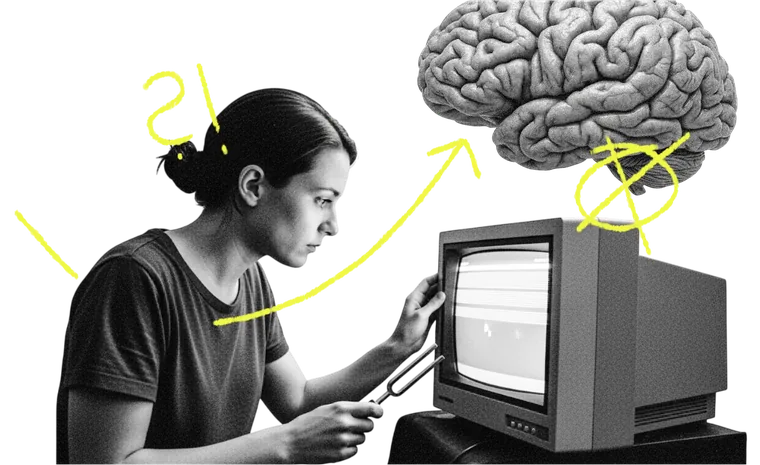 Schwarz-Weiß-Collage: Person am Monitor, Gehirn und gelber Marker-Pfeil